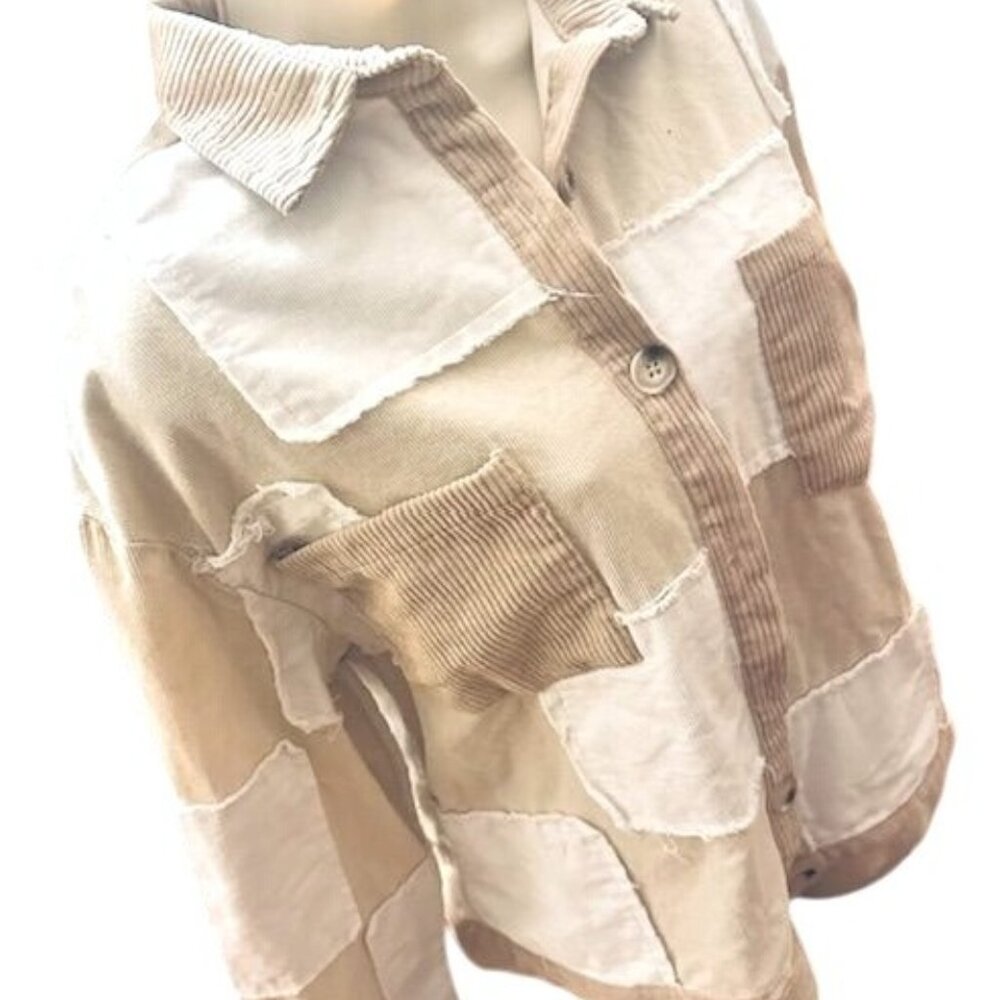 Polagram Beige-White Patchwork Button-Up Corduroy… - image 3